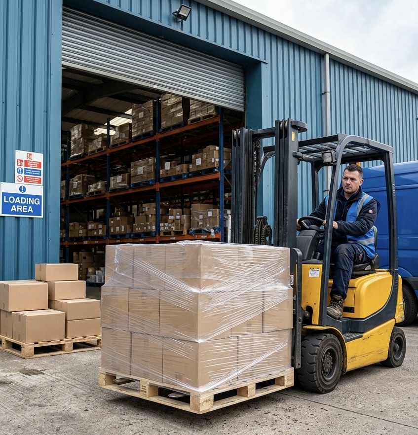 Forklift operator moving wrapped pallets at a warehouse loading bay in Cambridgeshire